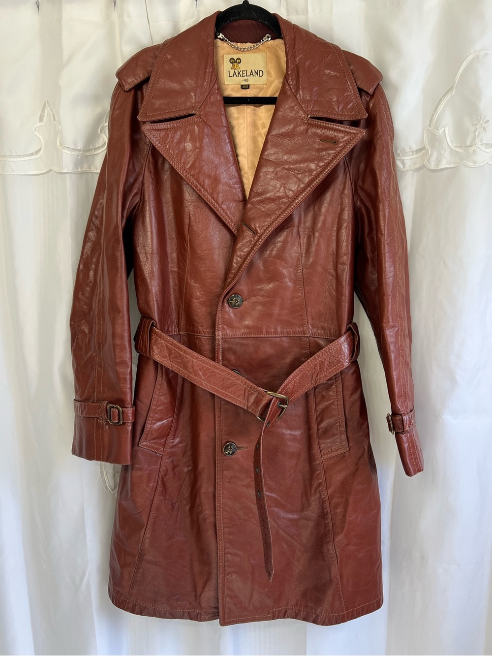 Vintage Lakeland Leather Trench Coat 42 Long Cognac Brown Belted Large